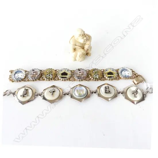 2 VINTAGE BRACELETS: NZ/AUSTRALIAN THEMED + NETSUKE FIG OF MAN