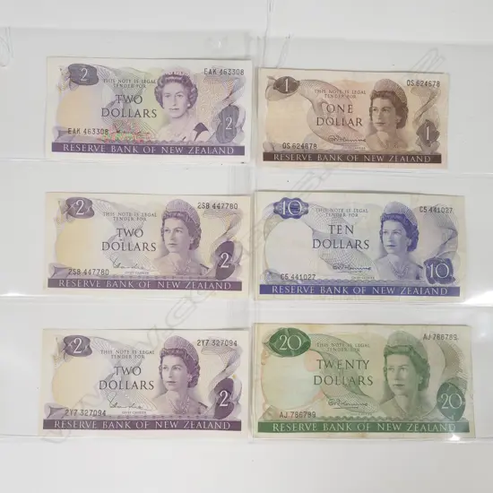 6 ASST NZ BANK NOTES - $1 / $2 / $10 / & $20
