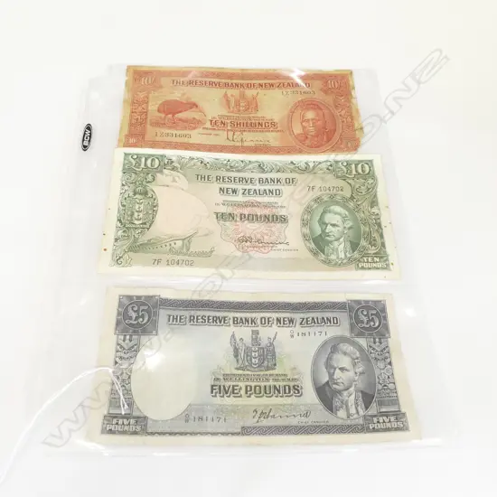 THREE NZ BANK NOTES - 10 SHILLINGS LEFAUX / 10 POUNDS / FIVE POUNDS