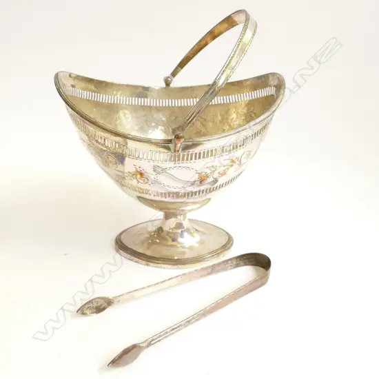 OLD SHEFFIELD PLATE SUGAR BASKET & PR SUGAR TONGS