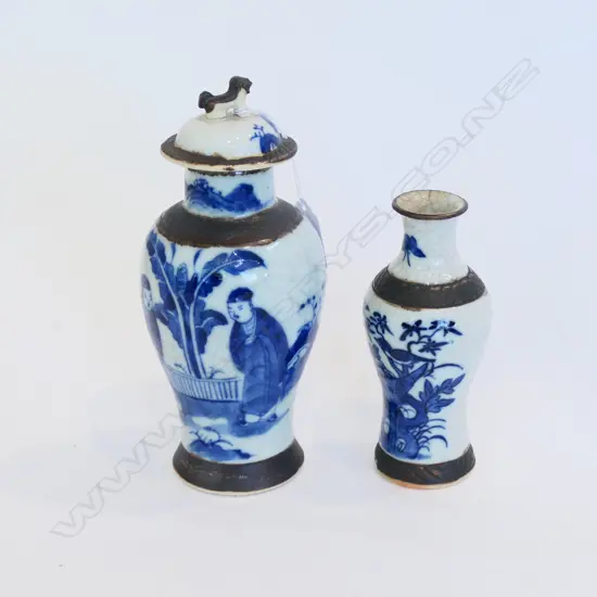 TWO GE KILN STYLE VASES - ONE LIDDED. LARGEST H. 210MM