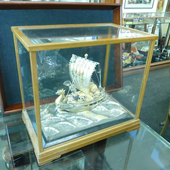 JAPANESE SILVER  SHIP MODEL IN DISPLAY CASE W. 305MM