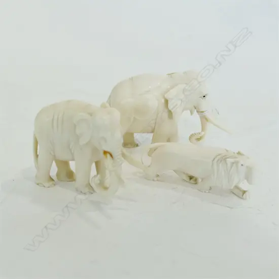 2 IVORY ELEPHANTS ONE WITH TUSK AF & LION