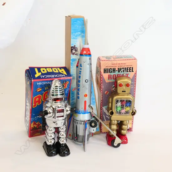 3 CONTEMPORARY CHINESE TOYS; ROBY ROBOT, HIGH WHEEL ROBOT, SKYEXPRESS ROCKET