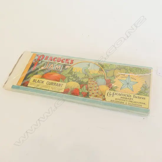 PEACOCK'S CAN LABELS 'BLACK CURRANT' AND 'APRICOT' (APPROX 100)