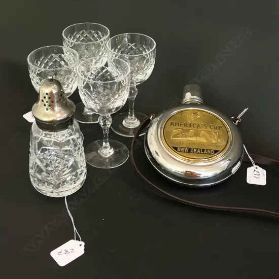 4 CRYSTAL SHERRY GLASSES & ICING SUGAR SHAKER + AMERICA'S CUP DECANTER
