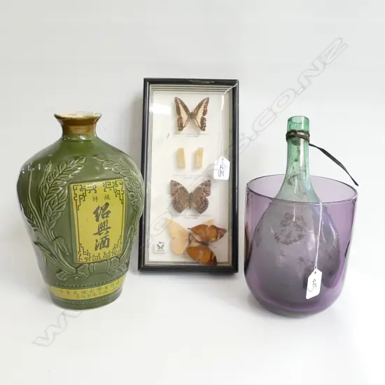 PURPLE GLASS VASE + BOTTLE + CHINESE CERAMIC VASE H.270MM + CASED MOTH DISPLAY AF 