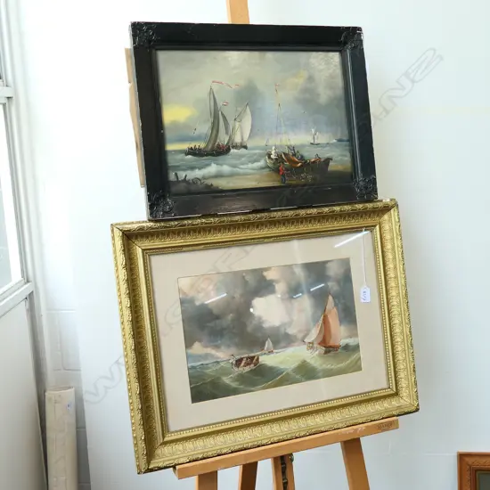 OIL SIGNED MONTAGUE "FISHING IN STORM" + DUTCH OIL ON BOARD "FISHING BOATS" FRAMEAF