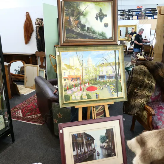 3 PAINTINGS; ELIZABETH BEATTIE 'LI RIVER CHINA' AND 'JAPANESE GARDENS' PLUS MONTMARTRE 880MM X 730MM 