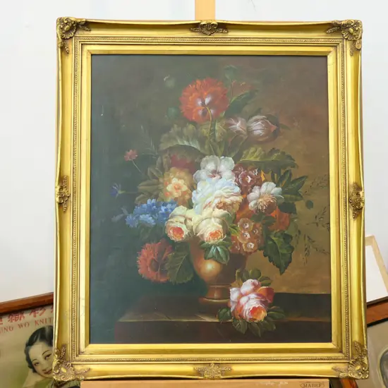 DUTCH STYLE STILL LIFE IN OIL ON CANVAS IN GILT FRAME W.630MM X 730MM (18885)