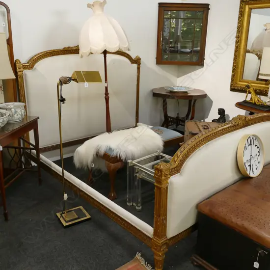 ANTIQUE FRENCH GILT FRAMED CREAM UPHOLSTERED BED