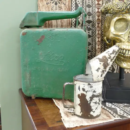 VINTAGE LESCO PETROL CAN 410MM H AND JUG