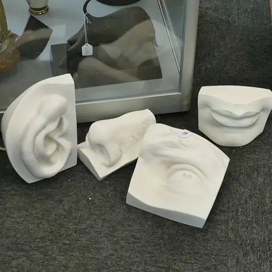 4 PLASTER MOULDS BRITISH MUSEUM; NOSE 180MM L, EAR, MOUTH & EYE