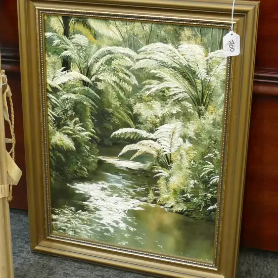 JUDITH MORETON OIL PAINTING NZ BUSH & STREAM SCENE 1988