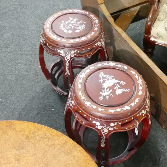 PAIR INLAID MOP ROSEWOOD DRUM STOOLS H.460MM