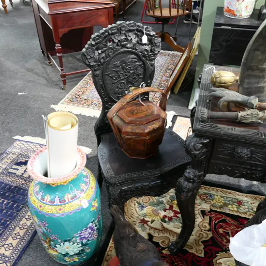 CARVED WOODEN EBONISED ASIAN HALL CHAIR 1M H 460MM W