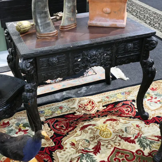CARVED WOODEND EBONISED ASIAN TABLE 1M W 700M D CABROILE LEG GREEK KEY BORDER