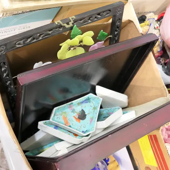 BOX LOT ASST. ITEMS, TABLECLOTH, DOLL, ART ETC