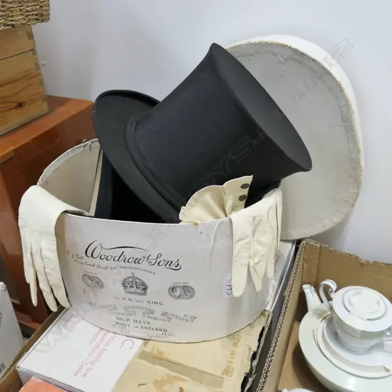 TWO VICTORIAN SILK TOP HATS ONE 'POP UP' 2 PRS WHITE LEATHER GLOVES AND HAT BOX