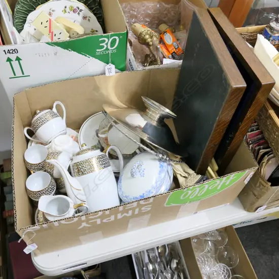 BOX LOT ASST. CHINA, SET FISH KNIVES, RESIN FIGURE ETC