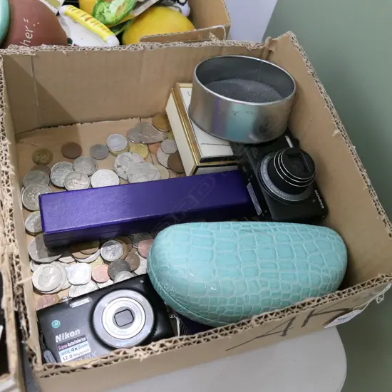 BOX LOT COSTUME JEWELLERY, COINS, 2 DIGITAL CAMERAS