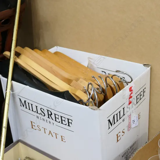 BOX OF WOODEN COAT HANGERS