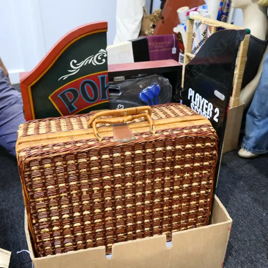 BOX LOT DART BOARD, PICNIC BASKET, CASED POKER SET