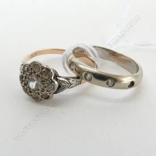 TWO RINGS; 18CT WHITE GOLD 3.34GM + 9 CT ROSE GOLD SZ 7 CLUSTER 2.25GM (BOTH AF)