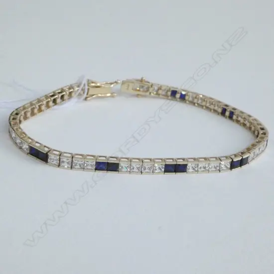 14K YELLOW GOLD FILLED & CZ + FAUX SAPPHIRE TENNIS BRACELET 10.2gms