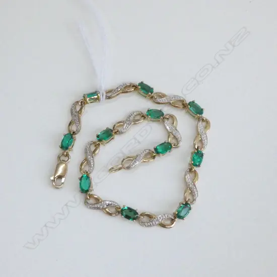 9CT DIAMOND + SYNTHETIC EMERALD BRACELET + VALUATION