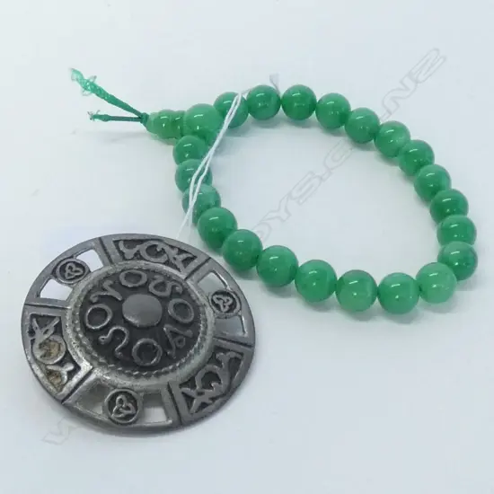 PEWTER MADE IN CORNWALL BROOCH + JADE BRACELET