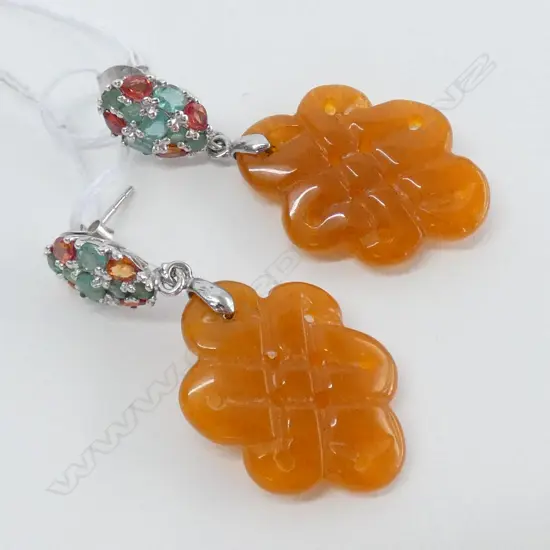 PR ORANGE JADE & SILVER EARRINGS EMERALD & SAPPHIRE SET