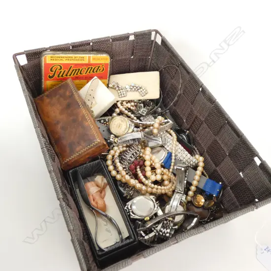 BOX LOT COSTUME JEWELRY INCL. ROLEX COPIES ETC