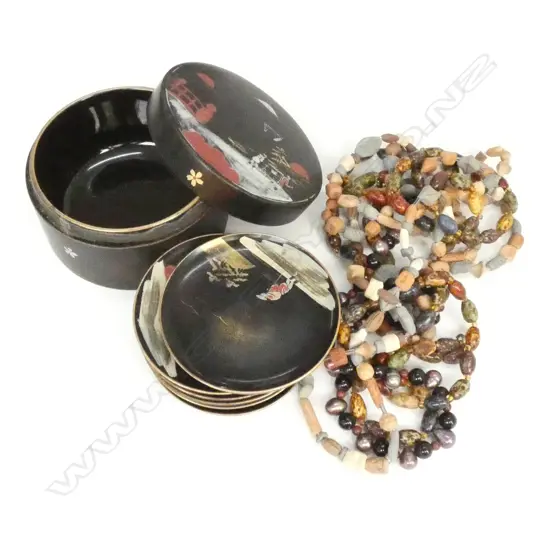 3 NECKLACES + LACQUER BOX WITH COASTERS