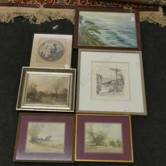 6 ARTWORKS; PAN PRINT, PR PRINTS, J. COLIN ANGUS OIL, MT EGMONT SKETCH, OCEAN PRINT