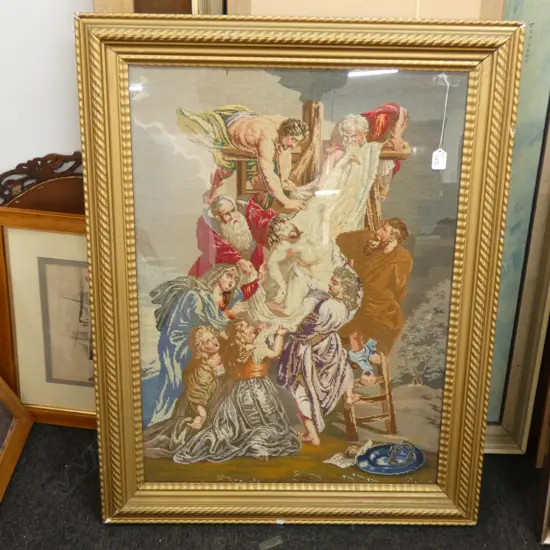 AN ANTIQUE EMBROIDERY JESUS DESCENDING THE CROSS