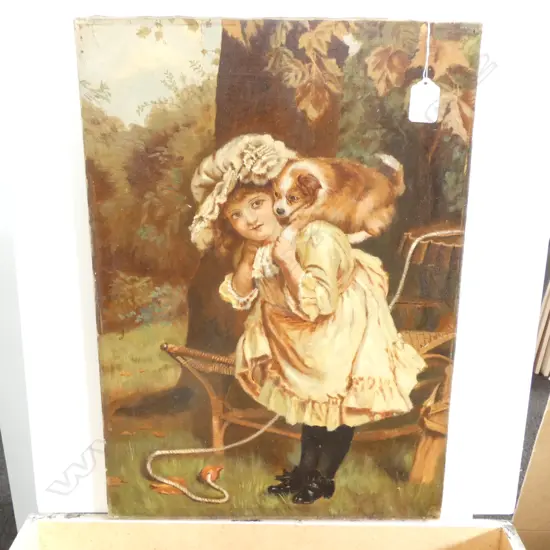 MANNER OF ARTHUR ELSEY, OIL ON CANVAS, VICTORIAN YOUNG GIRL& PUPPY