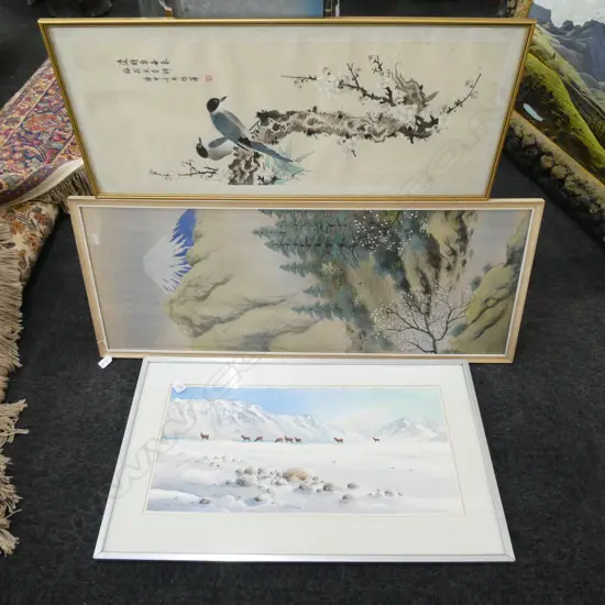 3 ARTWORKS; K. J. ANDREWS 'DEER & SNOW LAKE TEKAPO' W/C, ORIENTAL FABRIC PRINT 1090 X 435MM + 1 OTHER