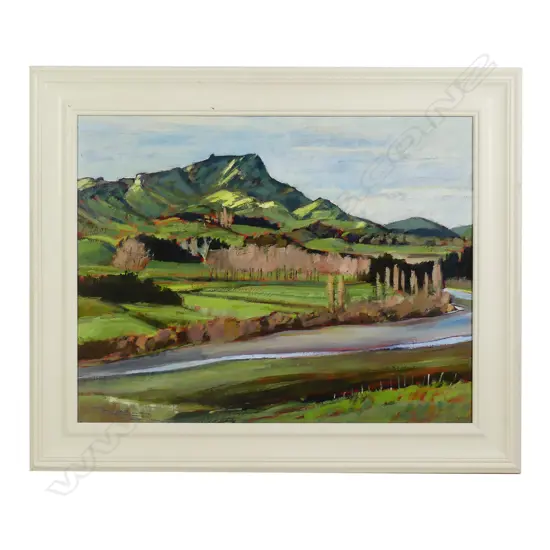 RUSSELL HOLLINGS, OIL ON BOARD, 'LAST LIGHT, TE MATA PEAK'