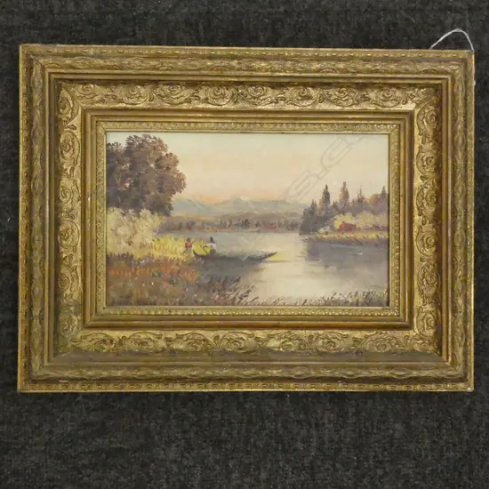 OIL ON BOARD EARLY N.Z LAKE SCENE WITH MAORI VILLAGE 140 X 230 MM 