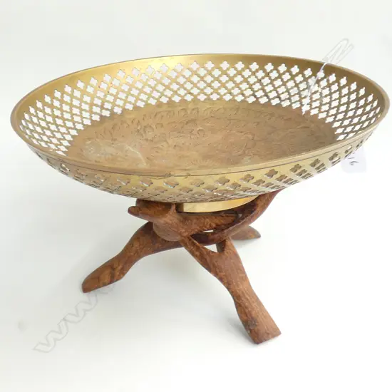 BRASS DISH ON FOLDING WOODEN STAND