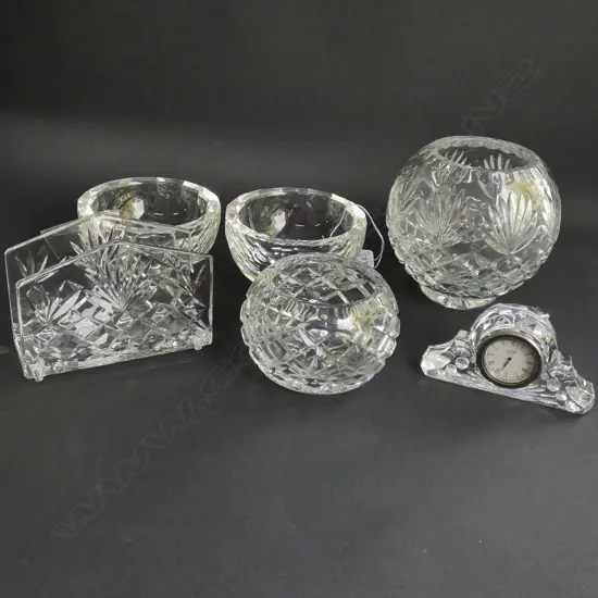 6 PCES CRYSTAL; 4 SMALL BOWLS, CLOCK, LETTER HOLDER