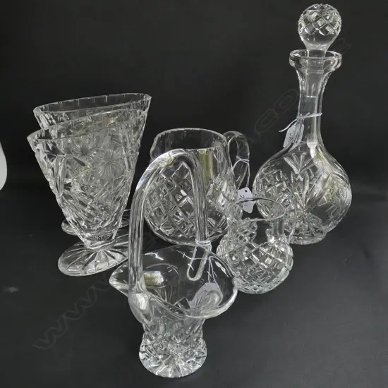 6 PCES CRYSTAL; 2 MANTLE VASES, DECANTER, 2 JUGS, BASKET