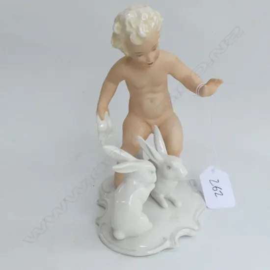 1950'S GERMAN PORCELAIN CHERUB W RABBITS SHAU BACH KURST