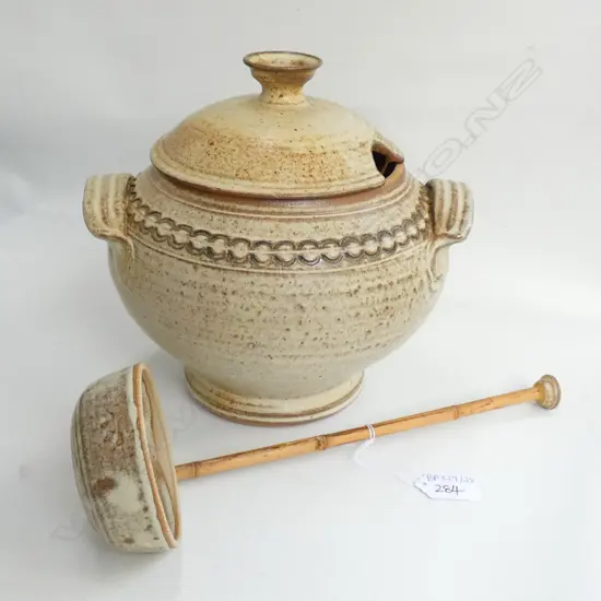 LIDDED STUDIO POTTERY TUREEN WITH LADLE H. 220MM