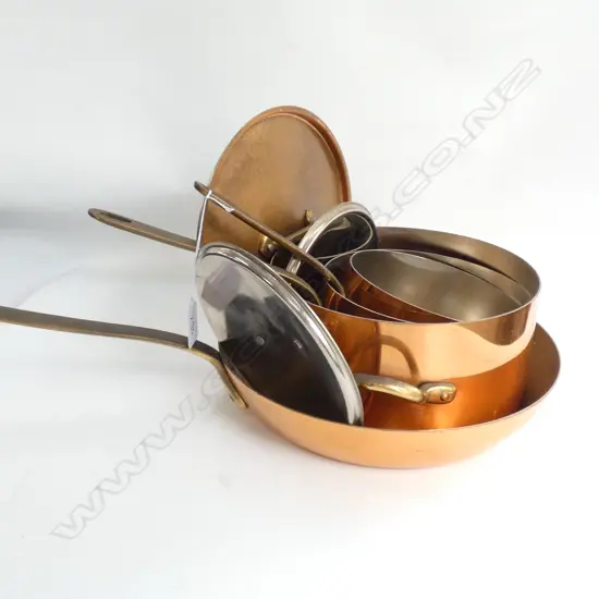 4 COPPER PANS; 3 LIDDED POTS & SAUCEPAN 