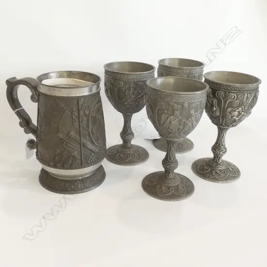 PEWTER TRAFALGAR TANKARD + 4 EXCALIBUR GOBLETS