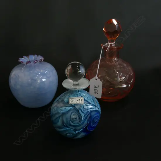 3 ART GLASS BOTTLES; GOZO, ISLAND STUDIO GUERNSEY ETC
