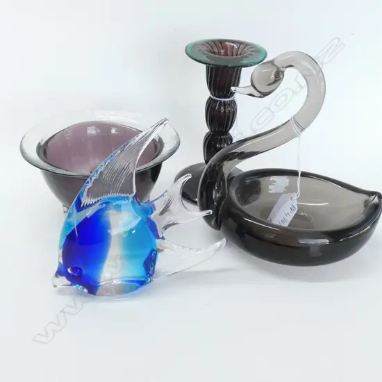 4 ASST. ART GLASS PIECES; BLUE FISH, CANDLESTICK, SWAN, FOOTED BOWL