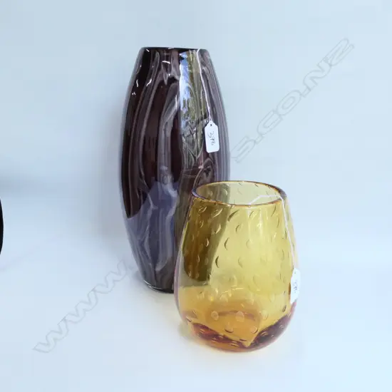 WHITEFRIARS AMBER VASE + ART DECO PURPLE VASE, TALLEST 320MM